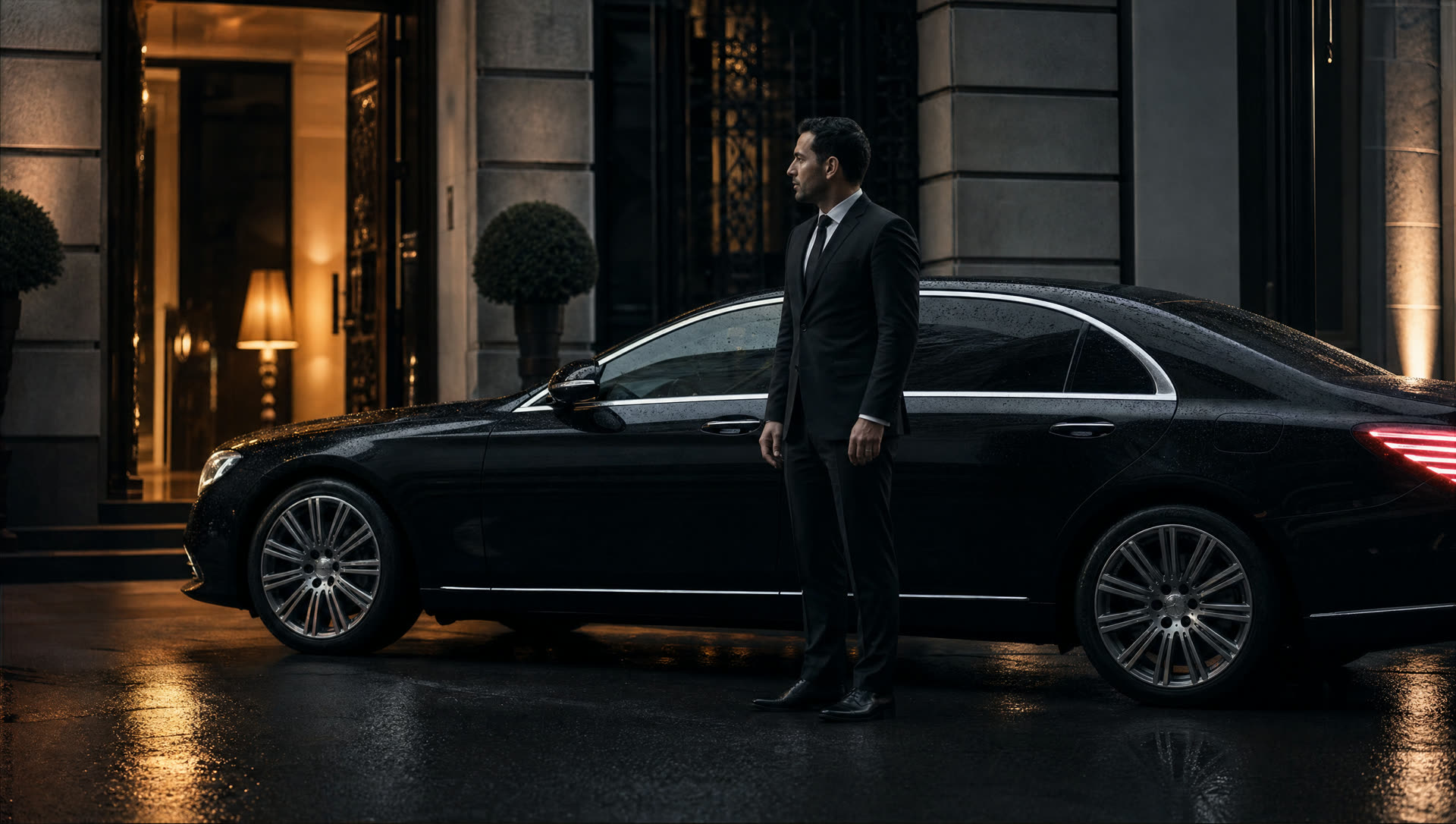 A black executive sedan at a premium hotel entrance at night, with a protection professional standing discreetly beside the rear door
