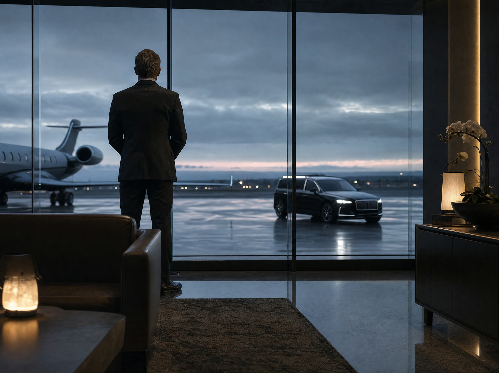 A protection professional observing an executive vehicle on the apron from a private aviation terminal at dusk